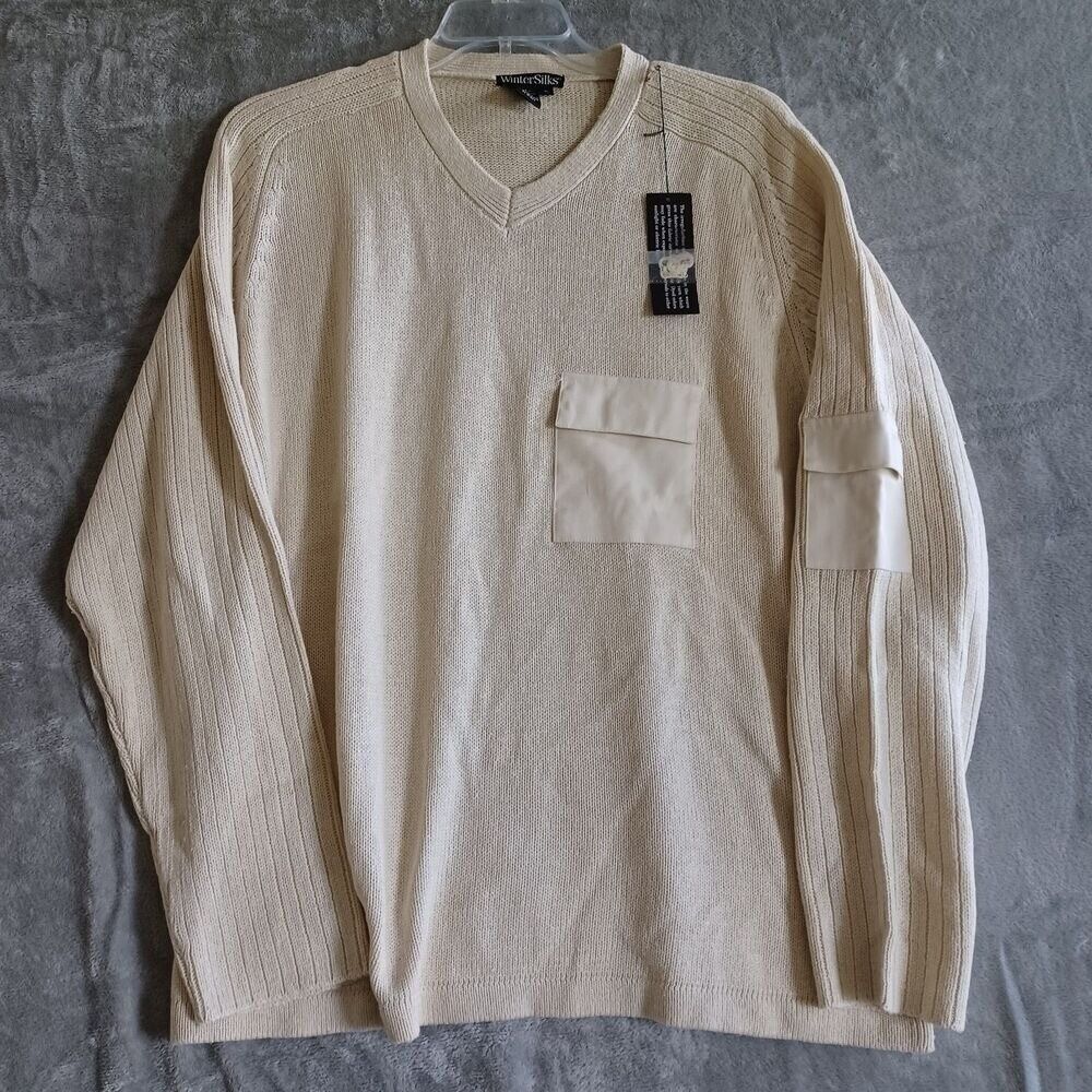 WinterSilks XL Sweater Silk Blend Cream Oversized Pocket Office Neutral Coastal